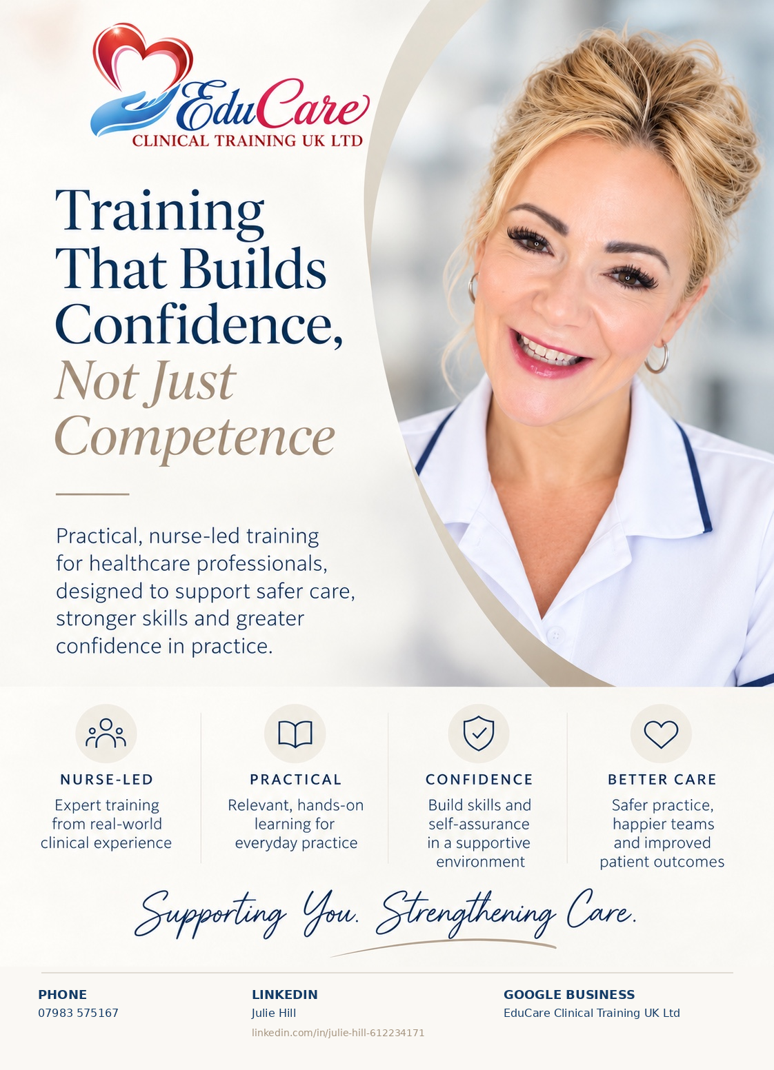 Approved EduCare flyer: Training That Builds Confidence, Not Just Competence, with Julie's photograph and the official EduCare logo